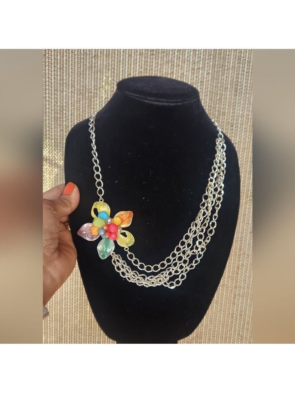 Vintage‎ Signed JJ Floral Necklace Enamel Multicolored  28".